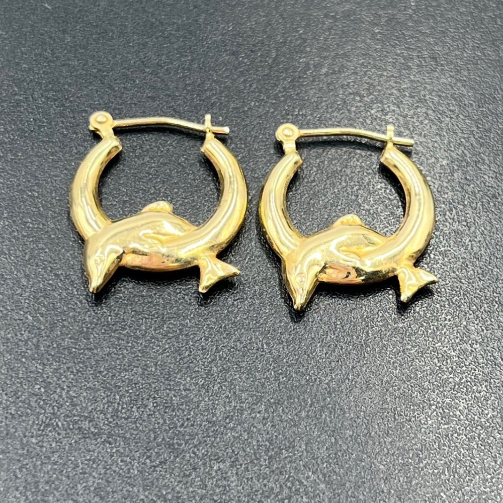 D 10k Vintage Yellow Gold Dolphin Small Jumping Hoop‎ Earrings